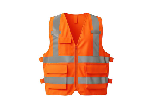 Orange safety vest with reflective stripes sits on transparent background