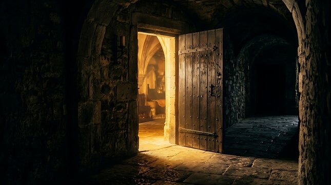 Open wooden door in dimly lit room