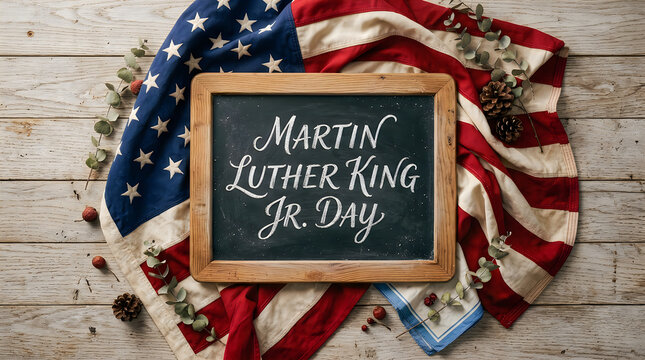 Chalkboard with martin luther king jr day written on it over a folded american flag on wood table