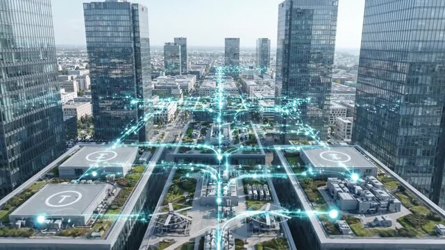 Futuristic digital network connecting modern glass skyscrapers in a bustling metropolitan city during daylight hours captured in motion animation video footage