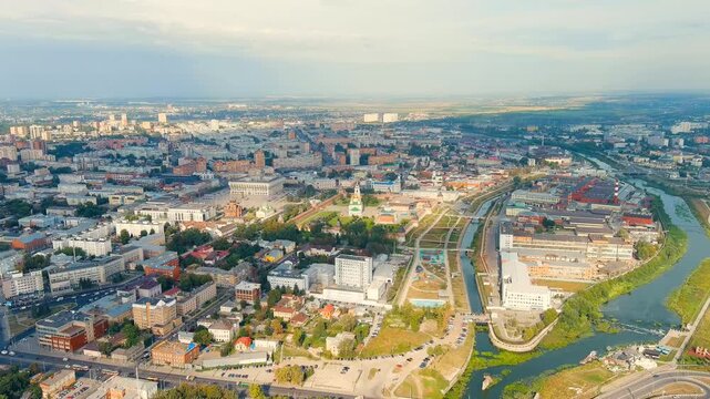 Tula, Russia. Tula Kremlin, Kazanskaya embankment. General panorama of the city from the air. Drone footage