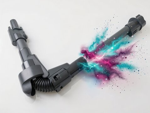 Vacuum cleaner attachment tube emitting colorful magical galaxy dust