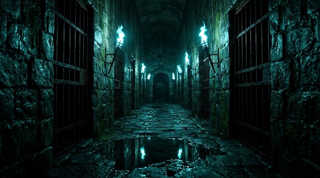 Mystical forest corridor with glowing orbs at night