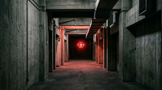 Dark tunnel with red glowing exit light