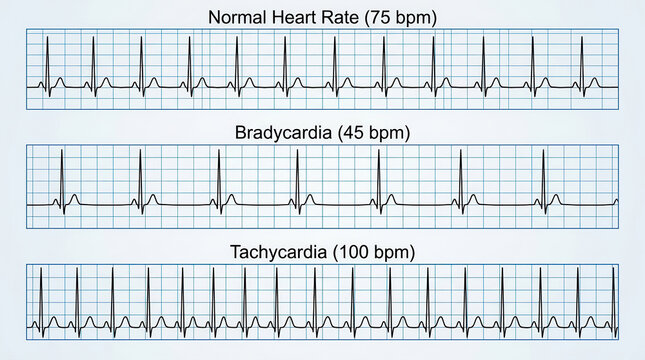 Medical infographic showing three schematic electrocardiograms : normal sinus rhythm at 75 beats per minute, bradycardia at 45 beats per minute, and tachycardia at 100 beats per minute