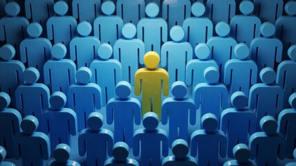 Obraz premium Unique Yellow Figure Standing Out from a Crowd of Blue Figures