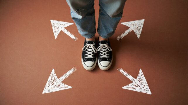 Person Standing Between Four Drawn Directional Arrows