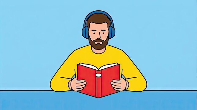 Man wearing headphones reading a red book vector illustration