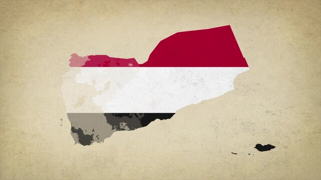 Animated Appearing YEMEN Map Filled with Flag Isolated on Vintage Background