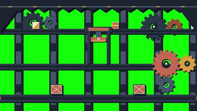 2D Animation Loop of Moving Conveyor Belts with Rotating Gears and Boxes