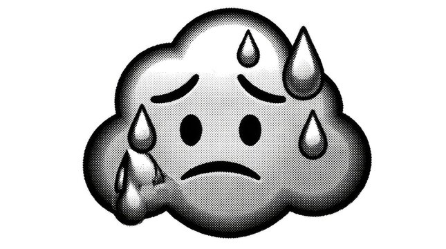 Sad sweating cloud character with halftone texture.