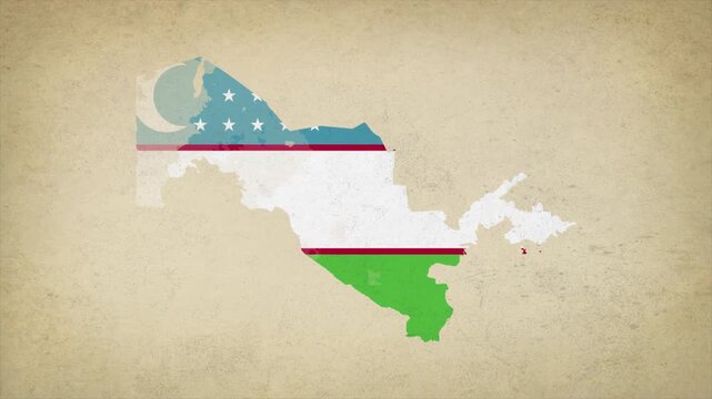 Animated Appearing UZBEKISTAN Map Filled with Flag Isolated on Vintage Background