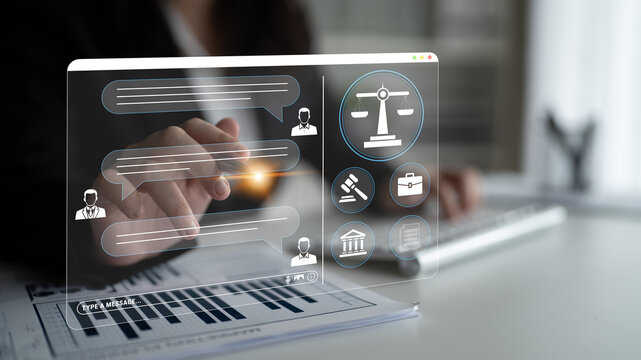 Modern Legal Technology Interface with Scales of Justice Concept and Virtual Communication Features on a Desktop Setting Haptic.
