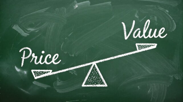 Price versus value concept drawn on a green chalkboard