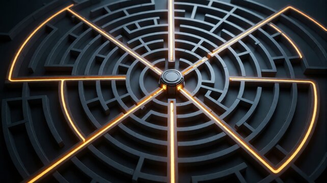 Futuristic Circular Maze with Glowing Orange Lines