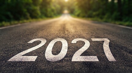 Obraz premium Happy New Year 2027 Road Sign on Asphalt Road with Bicycle Lane, Direction Arrow and Traffic Symbols for Urban Transportation, Cycling, Street Safety and Travel Navigation