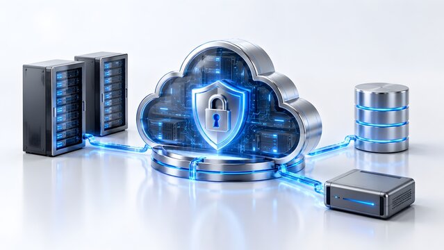Cloud computing security concept with glowing padlock inside silver cloud connected to servers and database