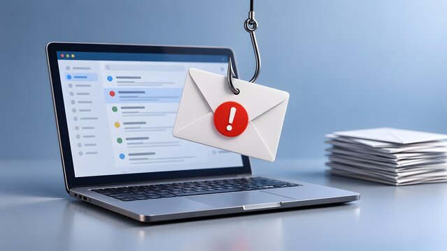 3D rendering of a suspicious email envelope with a red warning alert caught on a phishing hook in front of a laptop screen symbolizing cyber crime and malware traps