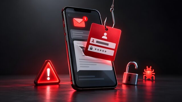 3D render of mobile phishing attack concept featuring smartphone, fishhook stealing login credentials, warning sign, open padlock, and malware bug