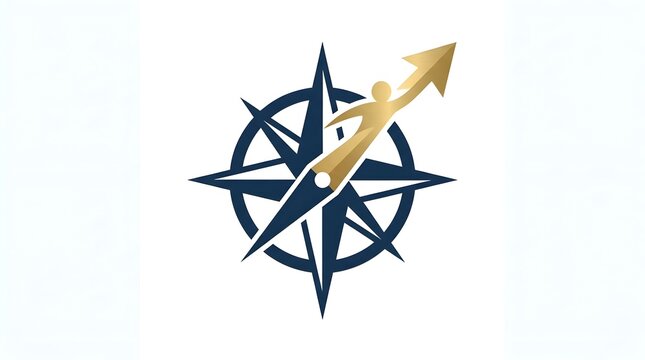 Modern corporate logo featuring a navy compass rose and golden human figure arrow symbolizing business leadership, strategic growth, and navigational success isolated on white background.
