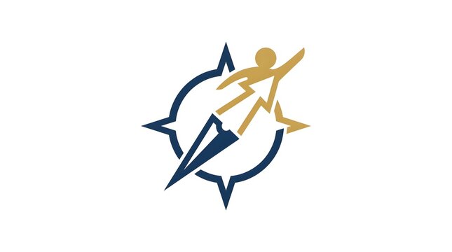 Modern minimalist corporate logo featuring navy blue compass rose and golden human figure arrow symbol representing leadership, business growth, and strategic direction on white background.