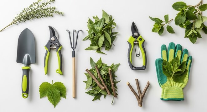 Gardening Tools And Greenery Arranged On A White Background For Spring Preparation