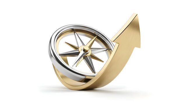 3D metallic silver and gold compass with a rising golden arrow isolated on white background, representing strategic navigation, financial growth, and successful business direction.
