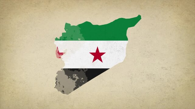 Animated Appearing SYRIA Map Filled with Flag Isolated on Vintage Background