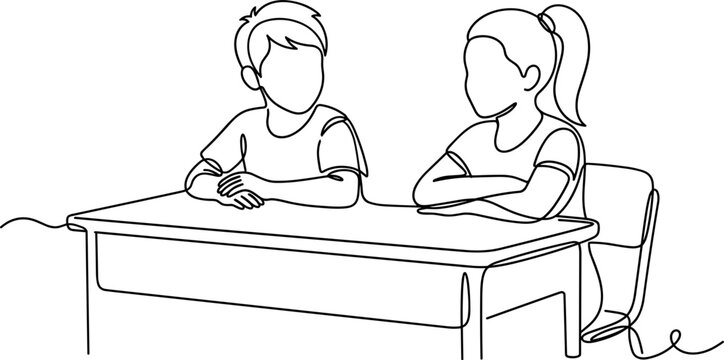 A continuous line art drawing of a young boy and girl sitting together at a desk.