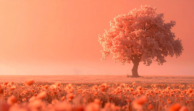 Prunus persica flowering peach tree standing alone in a vast meadow filled with Papaver rhoeas coquelicot red poppies. Surreal monochromatic orange botanical landscape photography, horizontal banner.