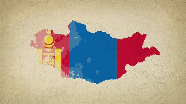 Animated Appearing MONGOLIA Map Filled with Flag Isolated on Vintage Background