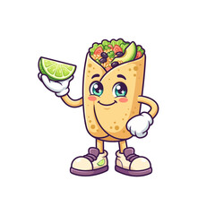 Obraz premium A cheerful cartoon burrito character stands wearing sneakers while holding a fresh green lime wedge snack that represents a fun mascot design for restaurant menu promotion or healthy dining
