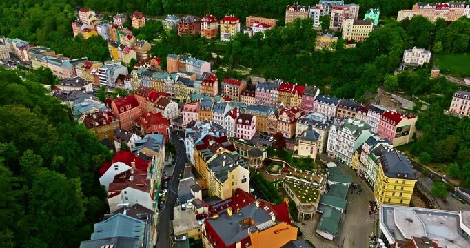 Aerial view of a beautiful forest city featuring incredibly fairytale, like architecture and thermal springs with healing water, Karlovy Vary, Czech Republic