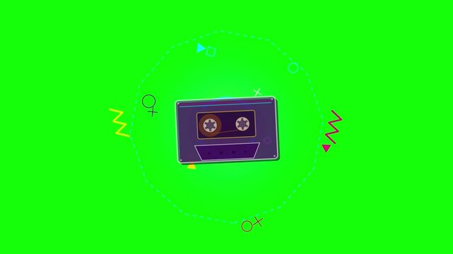 Animated Floppy Disk with Geometric Shapes on Green Screen Background