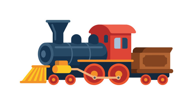 A simplified steam locomotive illustration features a flat design with bold colors and a white background