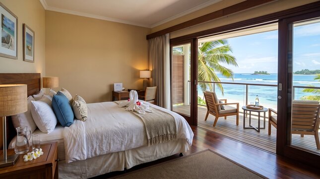 Luxury tropical resort bedroom with ocean view balcony during daytime