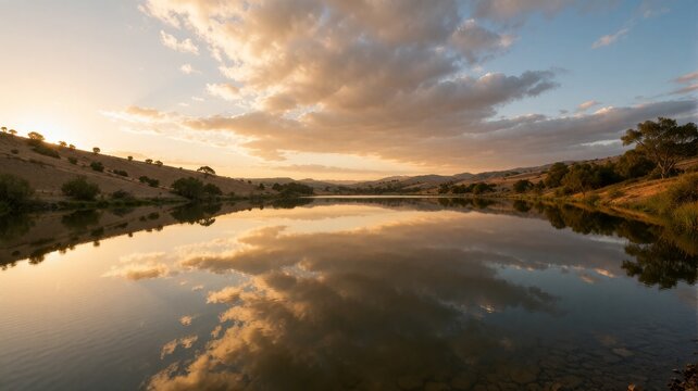 Calm Lake Mirroring Golden Sunset Clouds over Rolling Hills