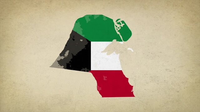 Animated Appearing KUWAIT Map Filled with Flag Isolated on Vintage Background
