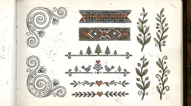 Collection of hand drawn folk art ornaments and floral decorative borders on a textured paper page