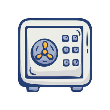 Bank safe vault icon. Hand drawn doodle clipart for secure money storage, valuables protection, savings and financial security.