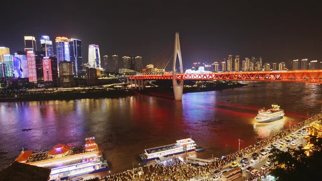Chongqing cyberpunk city skyline with river and hongyadong night time