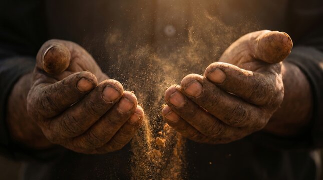 Worker hands releasing flour dust in golden light