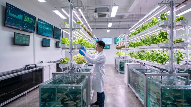 Scientist monitoring hydroponic vertical farm with aquaponic fish tanks