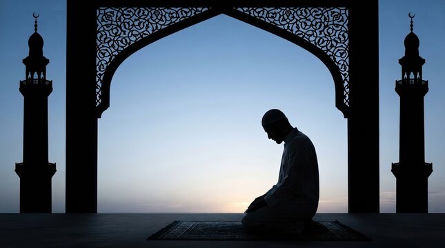 A dark silhouette of a devout muslim man deeply engaged in prayer before an ornate arched doorway with towering minarets at sunset during ramadan