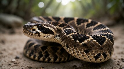 Obraz premium Venomous Timber Rattlesnake Coiled in Natural Forest Habitat