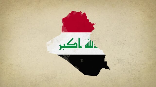Animated Appearing IRAQ Map Filled with Flag Isolated on Vintage Background