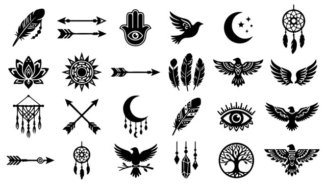 Set of black tribal boho icons featuring feathers arrows dreamcatchers and mystical bird symbols