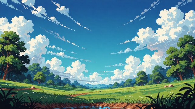 Anime Style Summer Meadow with Fluffy Clouds and Blue Sky