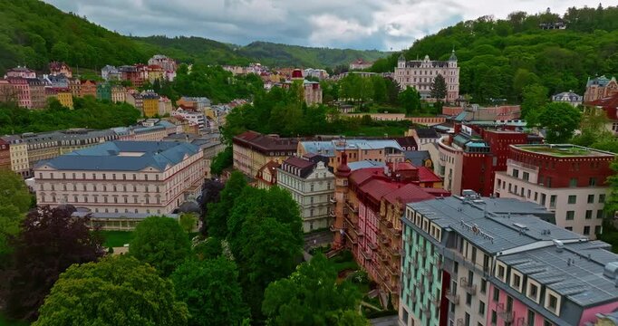 Aerial view of a beautiful forest city featuring incredibly fairytale, like architecture and thermal springs with healing water, Karlovy Vary, Czech Republic