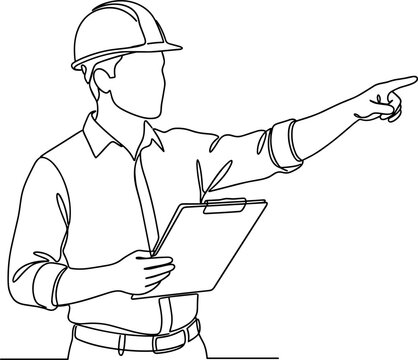 A continuous line art drawing of a construction worker holding a clipboard and pointing forward.